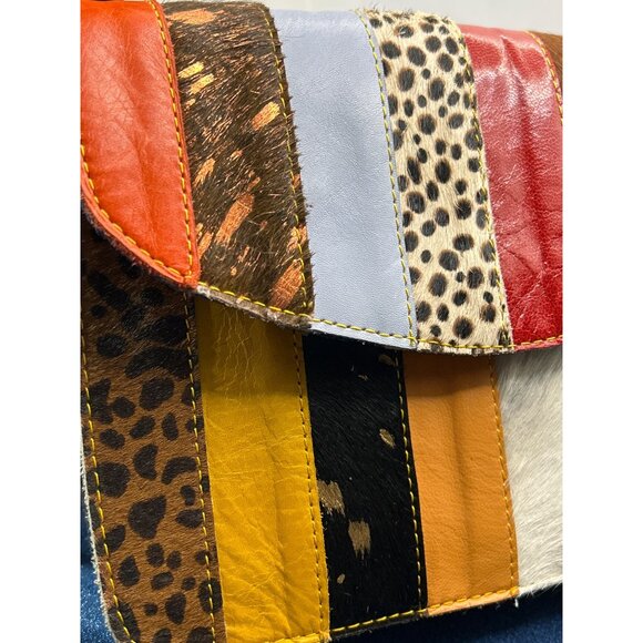 Patchwork Leather Crossbody Bag - Multicolor Stripes Adjustable Strap Animal Pri - Picture 9 of 16